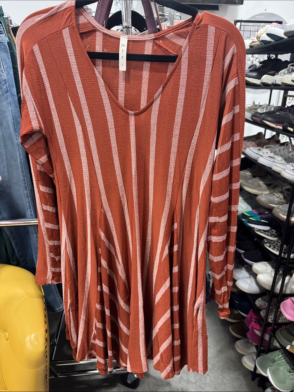 mittoshop Rust & Blush Striped V-Neck Long Sleeve Swing Dress